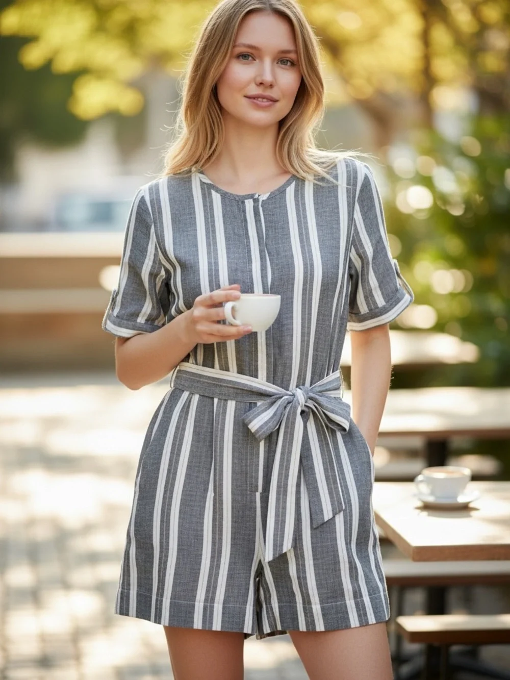 Banana Republic Women’s Gray & White Striped Tie-Waist Romper Size 4